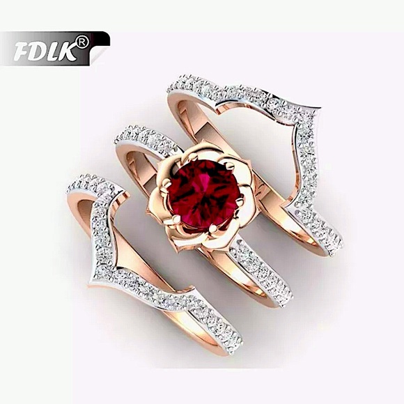 Jewelry - 3Pcs/Set Exquisite Rose Gold Ruby Flower Ring